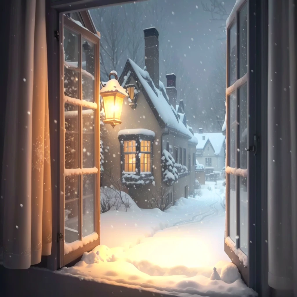 snowy night scene with a house and a lantern, snow outside the windows, snowy winter scene, cosy enchanted scene, winter scene fantasy, snowing outside, cold light from the window, outside in snow snowing, soft glowing windows, lights are on in the windows, beautiful detailed scene, snow scene, winter setting, cold snow outside, 4 0 9 6