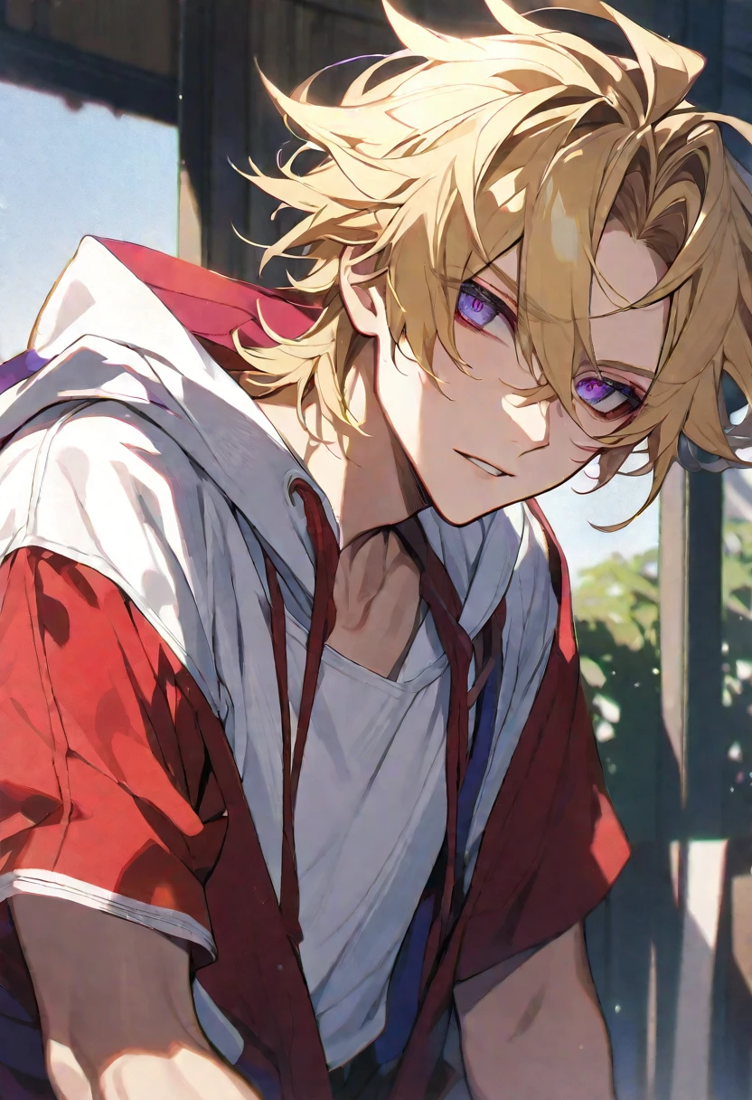 Solo, 1 male, blonde hair, violet eyes, white shirt, red and white hood