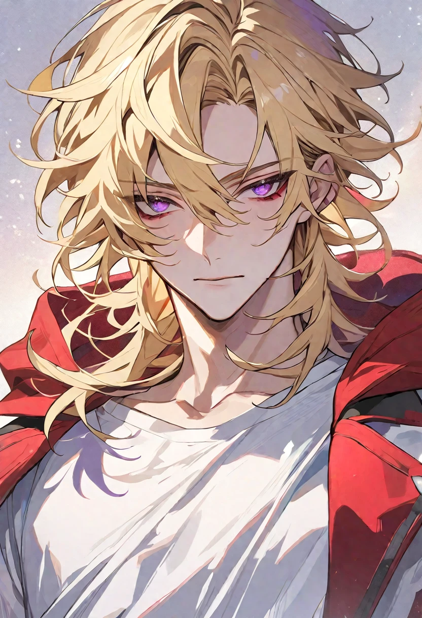 Solo, 1 male, blonde hair, violet eyes, white shirt, red and white hood