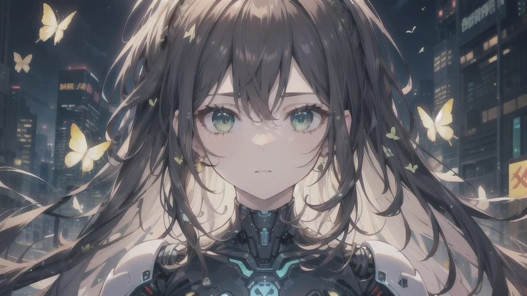 (masterpiece), best quality, ultra high res, sharp focus, natural lightning, medium close-up, mls, a beautiful robot humanoid woman surrounded by butterflies with circuit patterns, beautiful green eyes, amaze face, brunette long wavy hair, in the cyberpunk city