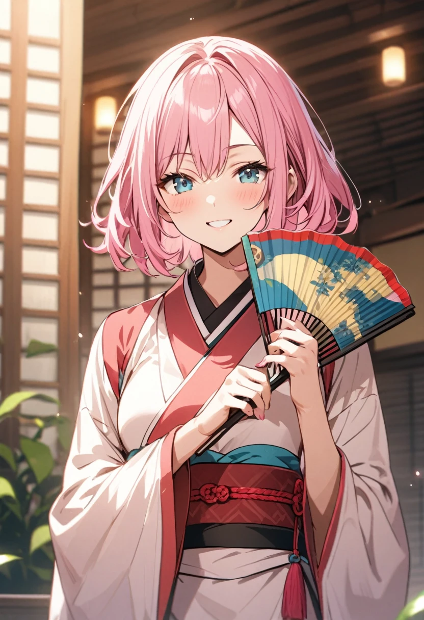 arrogant、Pink Hair Woman、Holding a folding fan、smiling