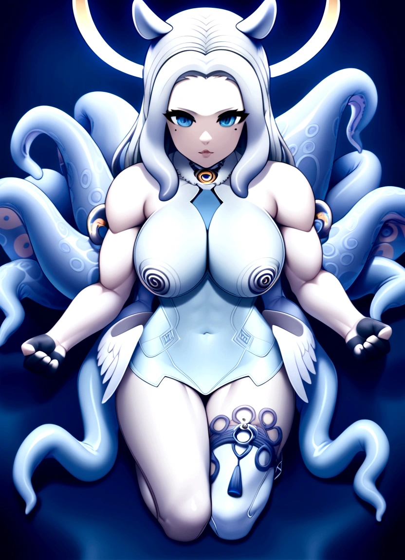 inapriestess, strapless dress, single thighhigh, single detached sleeve, black gloves, low wings, halo, detailed octopus tentacles, mole under eye, extreme muscular body, big breasts, 4 arms, full body.