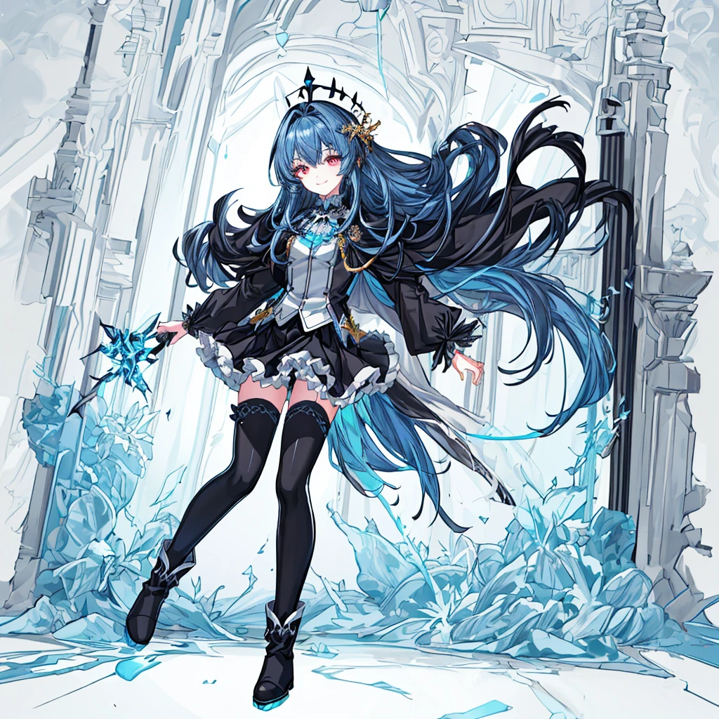 [(white background:1.4)::5],original,(illustration:1.1),(best quality),(masterpiece:1.1),(extremely detailed CG unity 8k wallpaper:1.1), (colorful:0.9),(mid shot:0.95),(full body:1.5),Dynamic angle,(solo:1.2), (girl),(((adult))), (detailed beautiful eyes:1.15), (beautiful face:1.15), (glowing black eyes:1.25////),(blue long hair),(+perfect hand+:1.21),(Draw an illustration of a holy knight wizard),(Religious),(slender),(is wearing boots on her feet),((is wearing black thighhighs)),smile,(frilled mini skirt with metal decorations),beautiful slender adult,