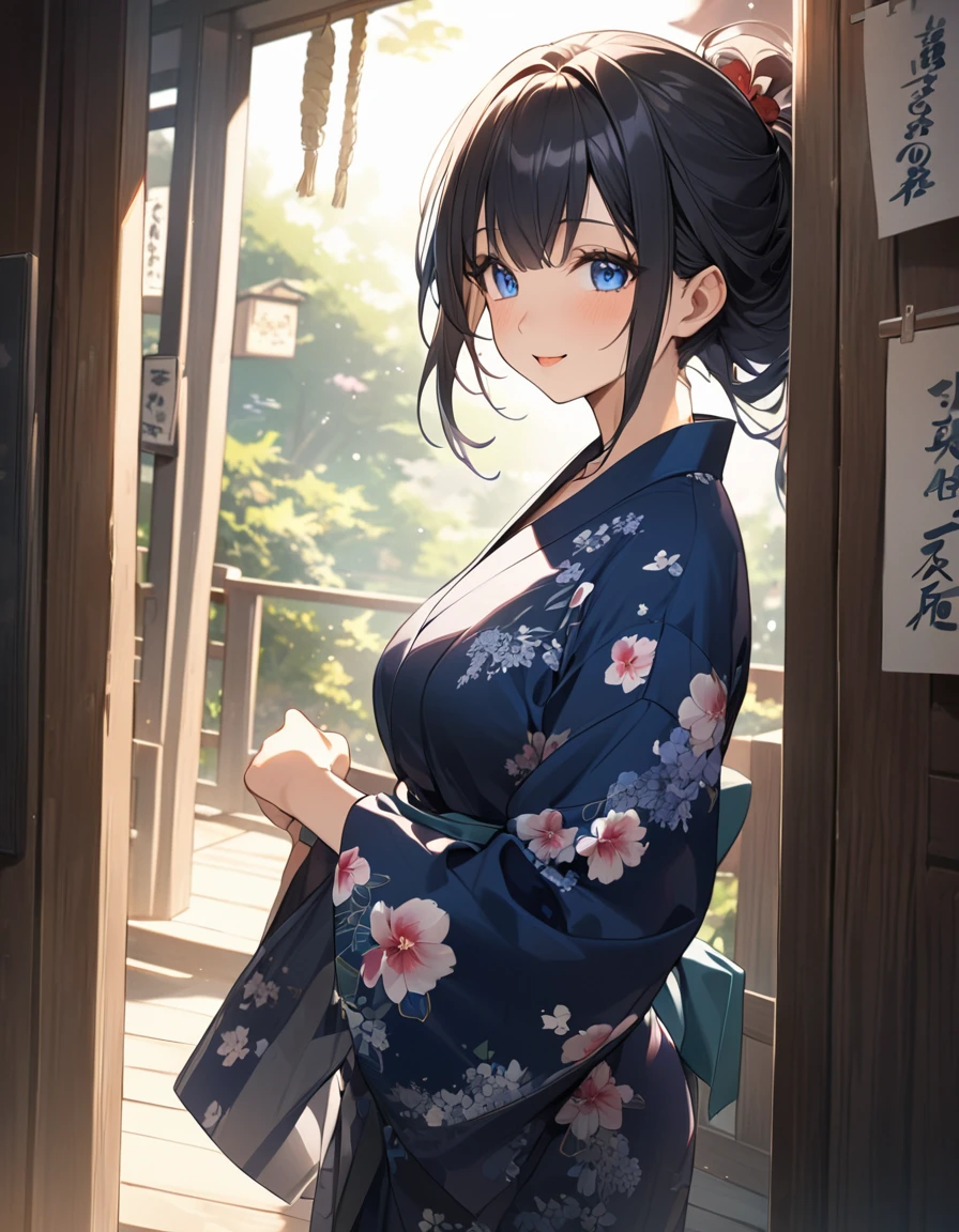 (Highest qualityのイラスト:1.2), (Black Hairの美少女:1.1), (1 girl、、Highest qualityのイラスト:1.2), (1 girl、Kind eyes、blue eyes:1.2)、((Black Hair:1.2))、Semi-long hair、(Highest quality、Very detailed、cute、Ultra-high resolution) 、Larger breasts、Yukata、smile、Old street corner in Japan、morning、道端にはmorning顔の花が咲いている
