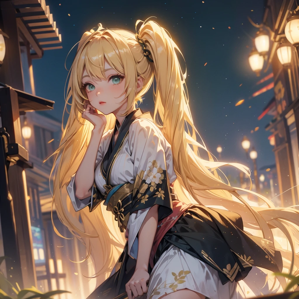 Layla , kimono night in firework , blonde hair, pigtailed haired , long hair , green eyes