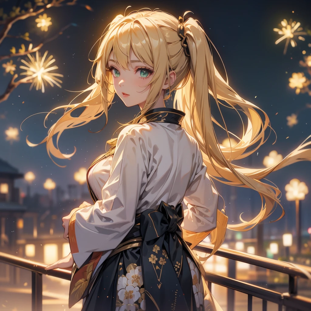 Layla , kimono night in firework , blonde hair, pigtailed haired , long hair , green eyes