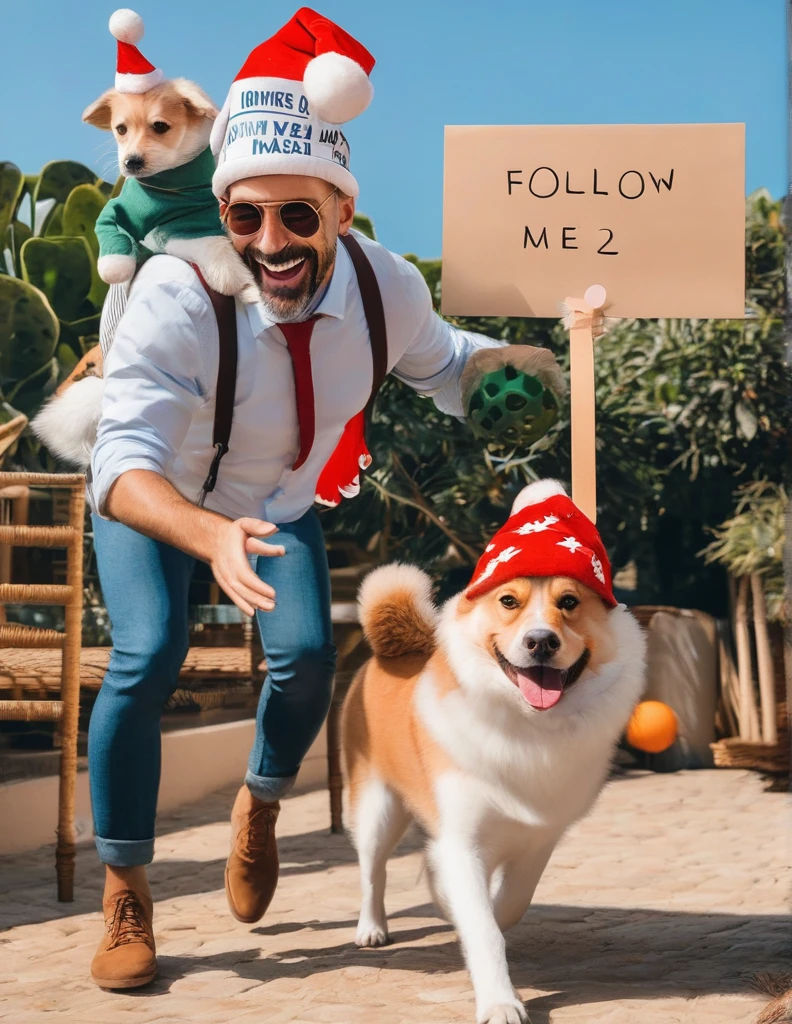 A man with two dogs who have festive hats on their heads and are happily jumping around, a man holding a sign that says follow me 250 (two hundred and fifty) is very happy,