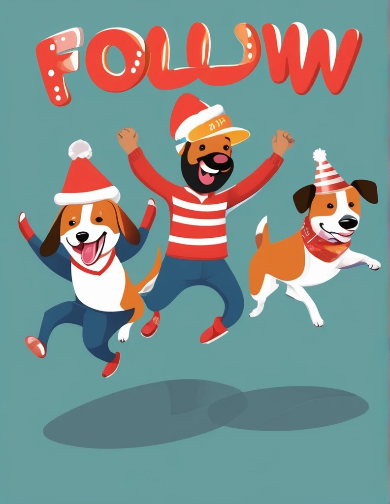 A man with two dogs who have festive hats on their heads and are happily jumping around, a man holding a sign that says follow me 250 (two hundred and fifty) is very happy,