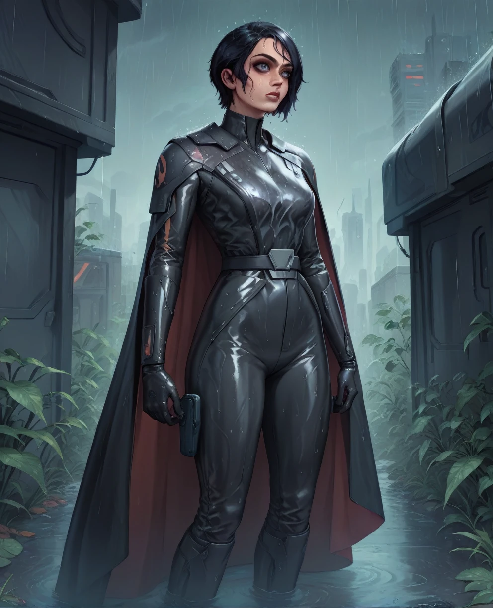 score_9,score_8_up,score_7_up,score_6_up, Black woman sabine wren ,,black hair, FULL body, wet, armor,gloves,black bodysuit,black cape,belt,rain, science fiction,sith base, star wars, outdoors, rain, solo,fflixbag wearing armor sabine wren
