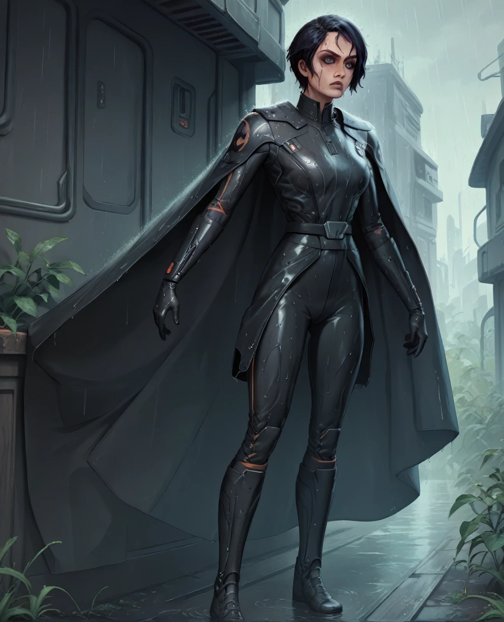 score_9,score_8_up,score_7_up,score_6_up, Black woman sabine wren ,,black hair, FULL body, wet, armor,gloves,black bodysuit,black cape,belt,rain, science fiction,sith base, star wars, outdoors, rain, solo,fflixbag wearing armor sabine wren
