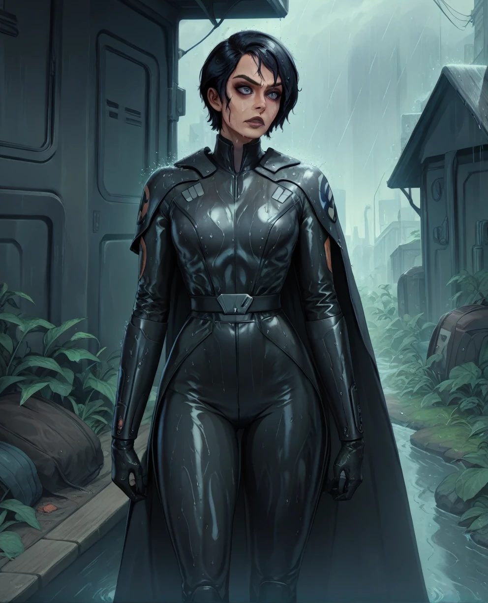 score_9,score_8_up,score_7_up,score_6_up, Black woman sabine wren ,,black hair, FULL body, wet, armor,gloves,black bodysuit,black cape,belt,rain, science fiction,sith base, star wars, outdoors, rain, solo,fflixbag wearing armor sabine wren
