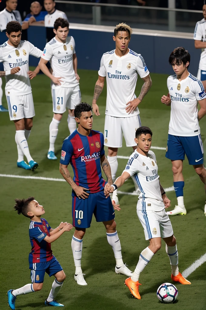 Cristiano ronaldo and neymar and messi playing football at real madrid with son goku