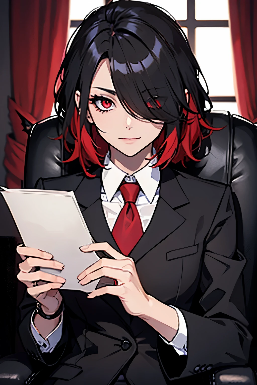 personal secretary of lord lucifer, eyes red, cut hair black