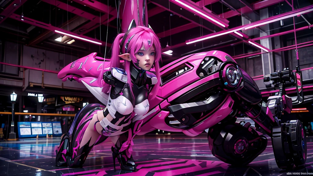 Cyberpunk genre. young elf. Lots of body implants and lots of tattoo piercings. Short dark pink hair. And pink eyes. In leather clothes, a straight short skirt and fishnet tights. She has a slim figure. And big tits and breasts. She's tied up. And she gets raped by three black men.