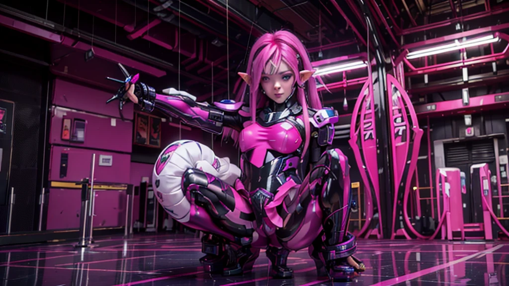 Cyberpunk genre. young elf. Lots of body implants and lots of tattoo piercings. Short dark pink hair. And pink eyes. In leather clothes, a straight short skirt and fishnet tights. She has a slim figure. And big tits and breasts. She's tied up. And she gets raped by three black men.