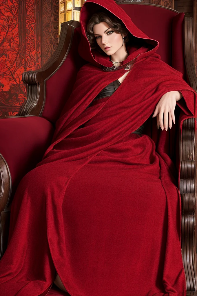 big , big bount, women, sexly, red transparent path cloak, red ruby crown. Sitting in the armchair with the cloak slightly open, seducing anyone who looks at you.