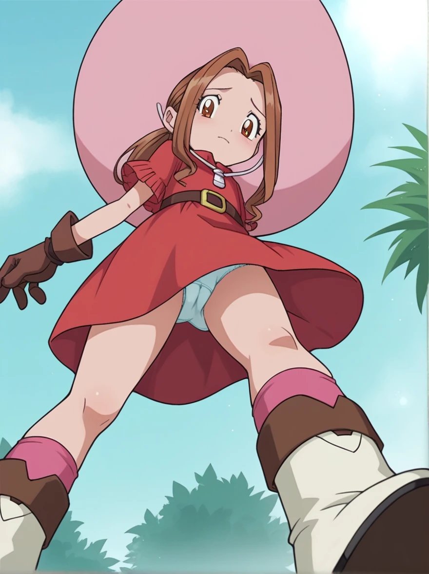 score_9, score_8_up, score_7_up, score_6_up, score_5_up, score_4_up, source_anime, BREAK
looking at viewer, digimon, 1girl, solo, mimi, brown hair, brown eyes, ponytail, red dress, cowboy hat, pink socks, brown gloves, belt, boots, white boots, from below, panties, cameltoe, shy, upskirt ,