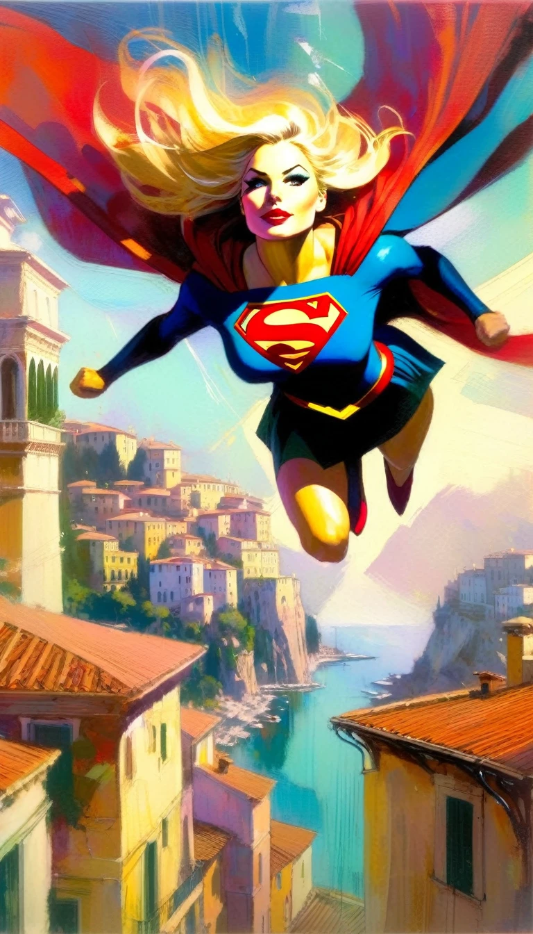 supergirl character, flying over a nice Italian city (art inspired in Bill Sienkiewicz). oil painting) 