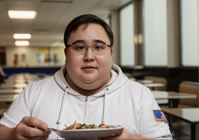 looking directly at camera lens, one close to face, best quality, highres, hires, skin definition, detailed skin, detailed deep caring eyes, detailed face, (Caucasian:1.5), lifelike, 4k, 8k, (photorealistic:1.5), realistic, uhd, a tall, wearing a cloak. The style of the image is fantastical and epic, with an air of wisdom and power emanating from the character. 😙 Wearing transparent red prescription glasses,(((He is very chubby and is having a meal in the cafeteria with other Astronauts))), Inside the spacecraft.🥰((A male space scientist in white clothes wearing glasses )),Conversation in the hallway with a female astronaut who is holding a holographic clipboard.