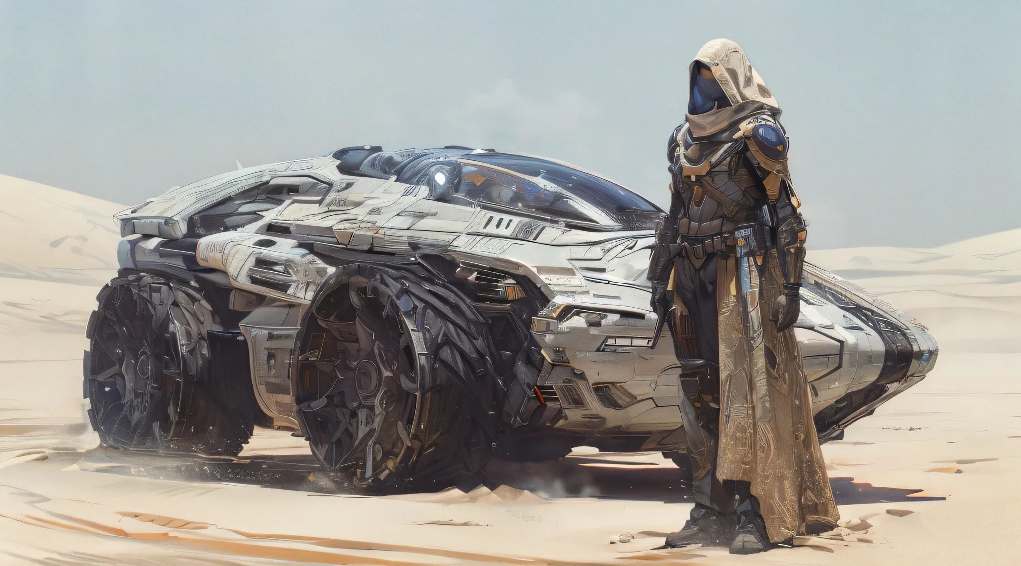 a cosmic voyager in a dune landscape, highly detailed, photorealistic, cinematic lighting, dramatic shadows, vibrant colors, awe-inspiring, epic scale, intricate details, volumetric fog, dynamic composition, dramatic pose, digital art, concept art style, award winning, 8k, hyperdetailed, masterpiece