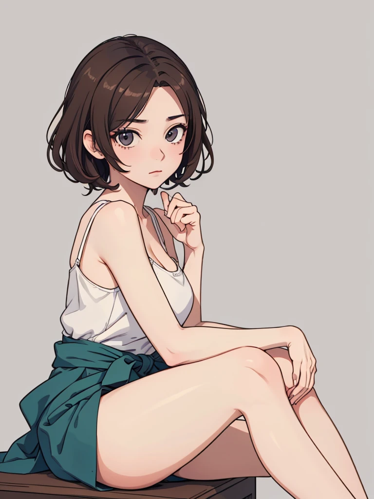 (((masterpiece, best quality, ultra highres, 1 girl, solo, no background))), super detailed skin and face and eyes and finger, beautiful japanese woman, small breasts:1.5, skinny, light brown hair, white background, very short curly pixie hair, (an illustration of girl), Knee shot, Generate with illustrations, Various expressions, Various poses, Please draw the entire character within the frame, ensuring that the head, arms, and legs are not cut off. The background should be simple, with the character positioned centrally, outline, anime, sad, underwear, sitting, spread legs,