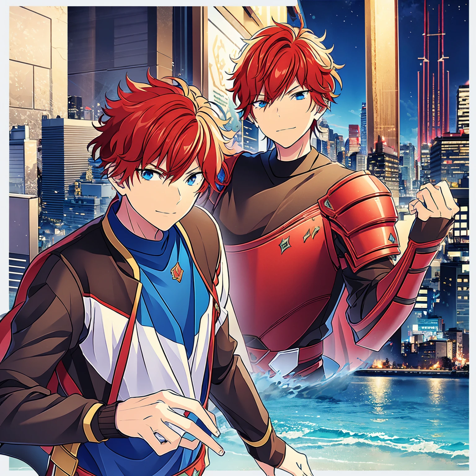 1 knight, a boy, Red hair, blue colored eyes, red knight armor, heavy armor, posture would be, city in the background, No hero, 15year old, natta, closed sky, chest armor, focus from the waist up, avoid hands in the image, No hands, heroic smile.