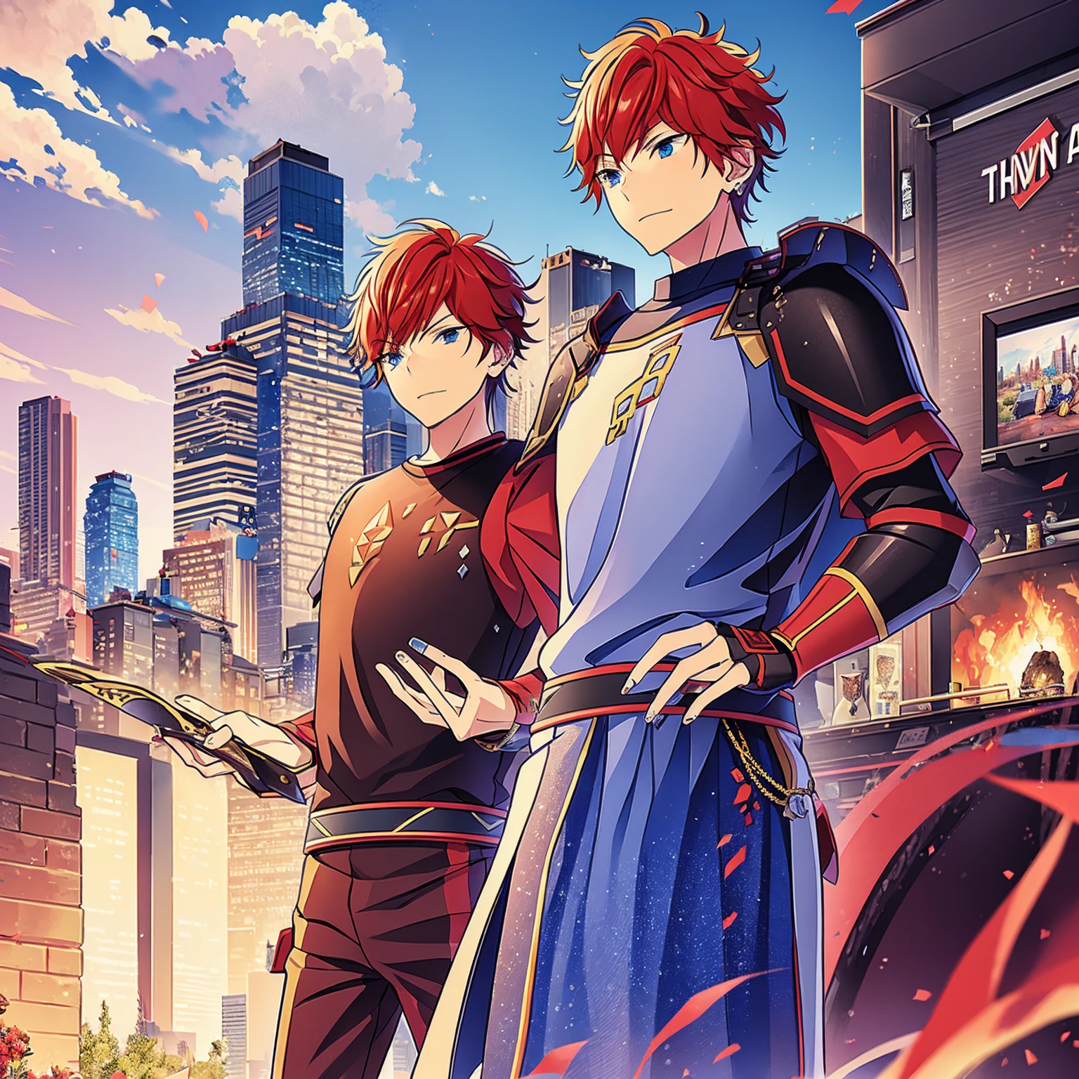 1 knight, a boy, Red hair, blue colored eyes, red knight armor, heavy armor, posture would be, city in the background, No hero, 15year old, natta, closed sky, chest armor, focus from the waist up, avoid hands in the image, No hands, heroic smile.