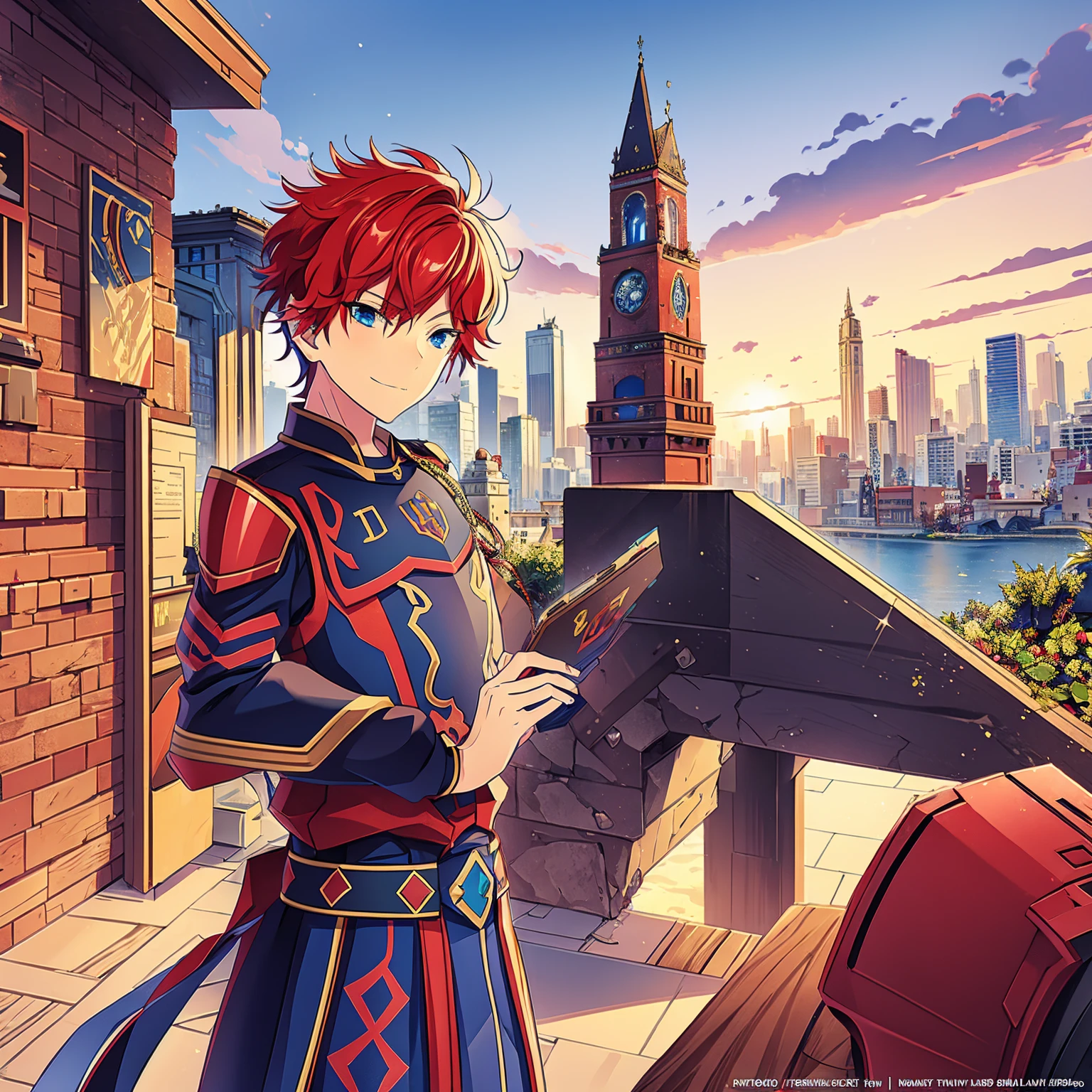 1 knight, a boy, Red hair, blue colored eyes, red knight armor, heavy armor, posture would be, city in the background, No hero, 15year old, natta, closed sky, chest armor, focus from the waist up, avoid hands in the image, No hands, heroic smile.