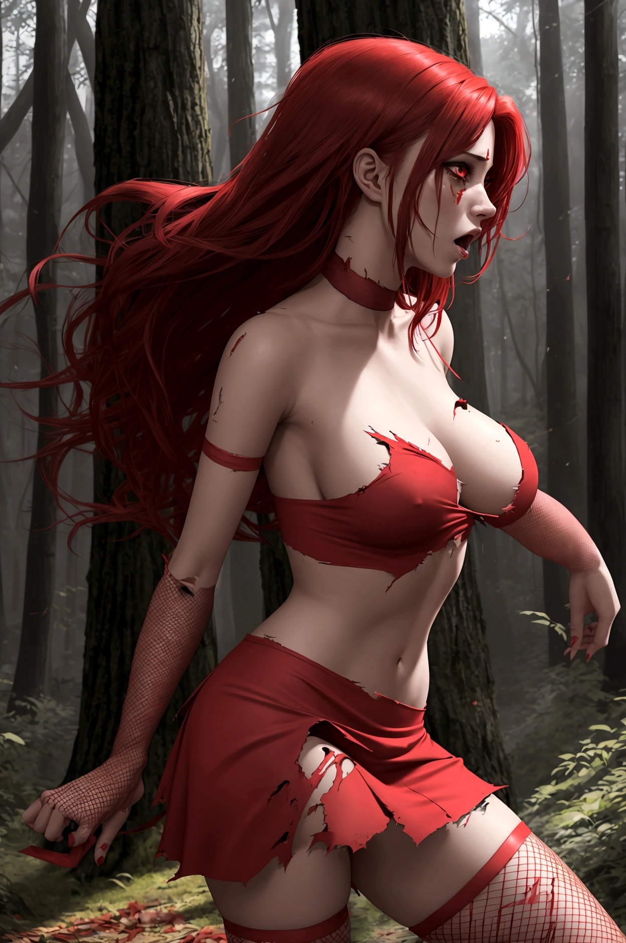 Damsel in distress. Human woman (young 18. red miniskirt (damaged and torn), red fishnet top) is fleeing through the woods crying and scared, werewolf chasing her, forest
