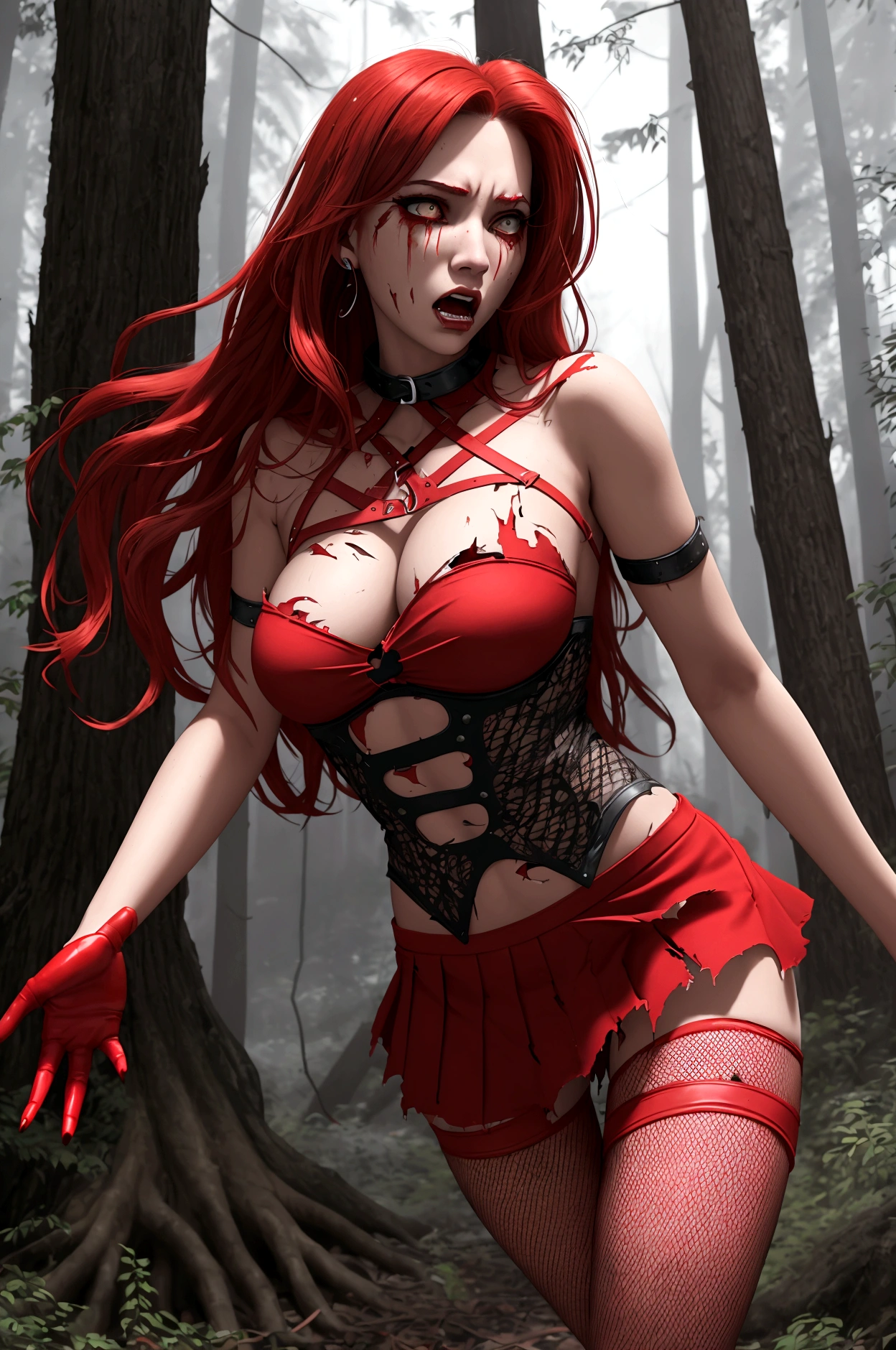 Damsel in distress. Human woman (young 18. red miniskirt (damaged and torn), red fishnet top) is fleeing through the woods crying and scared, werewolf chasing her, forest