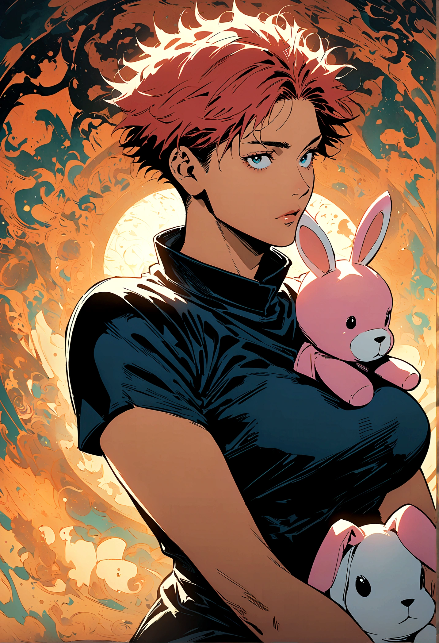(jujutsu kaisen art style), stuffed bunny sitting by itself, big ears, artwork
