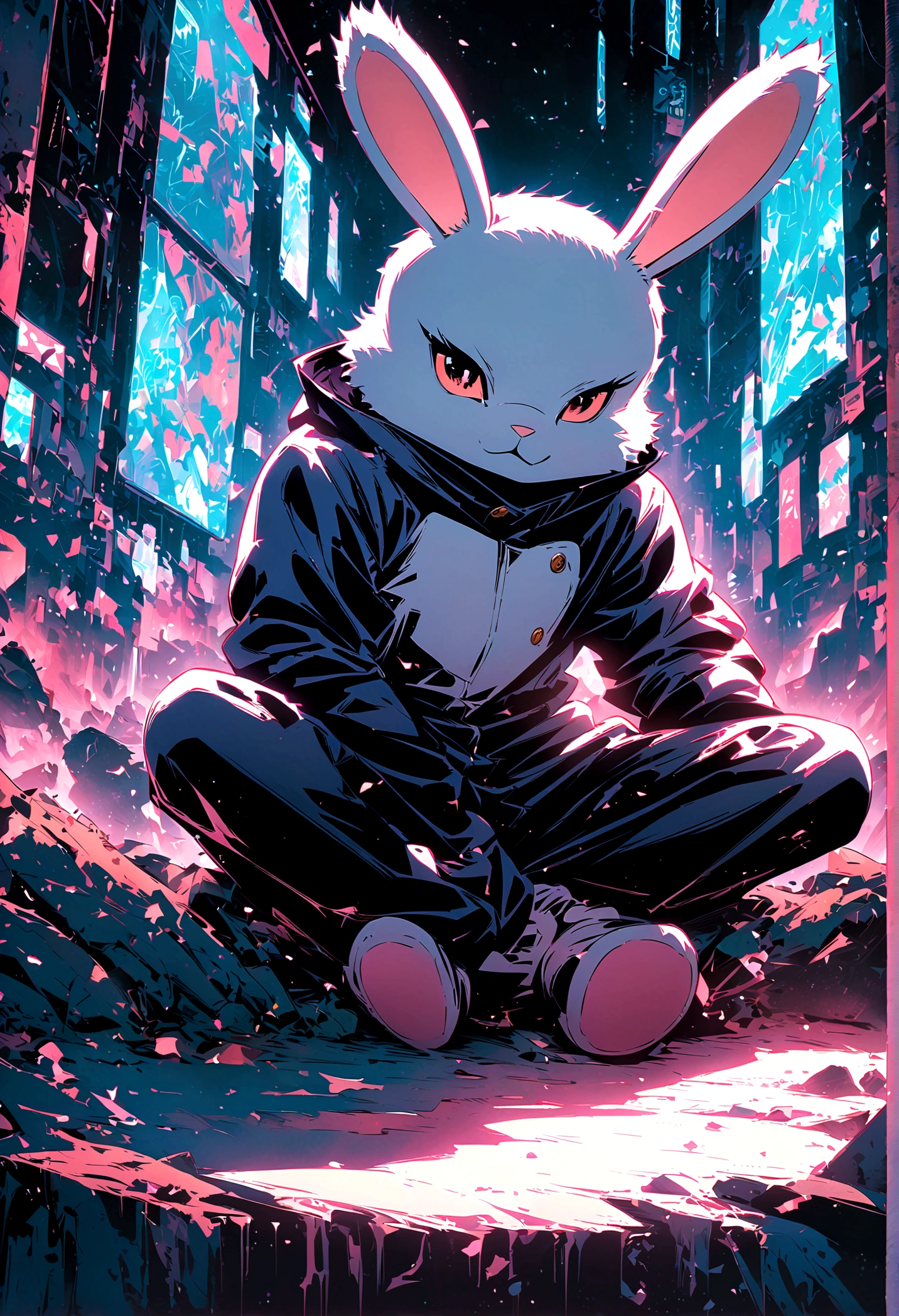 (jujutsu kaisen art style), stuffed bunny sitting by itself, big ears, artwork