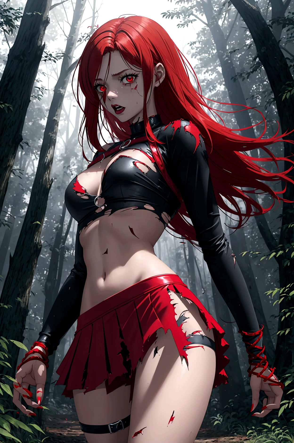 Damsel in distress. Human woman (young 18. red miniskirt (damaged and torn), red fishnet top) is fleeing through the woods crying and scared, werewolf chasing her, forest