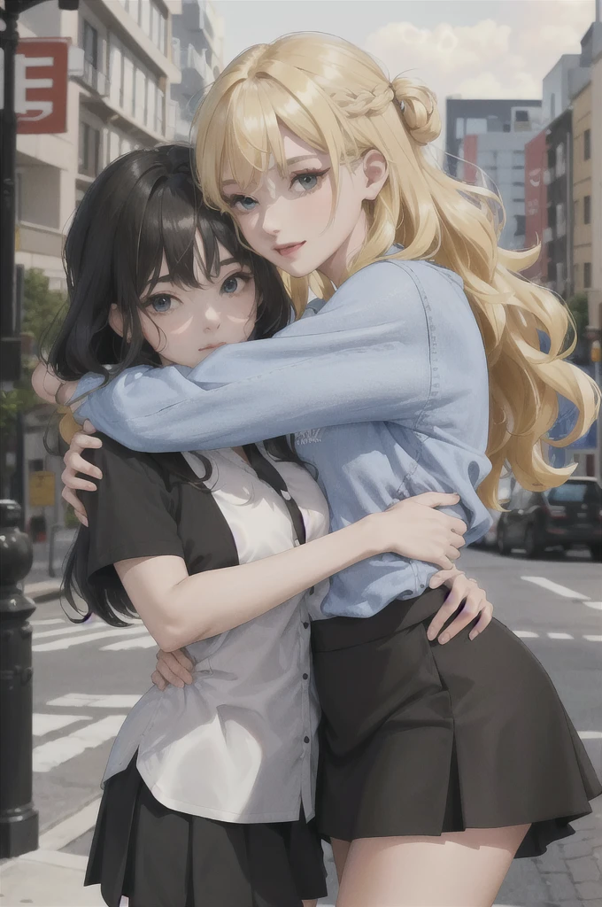 absurdres, best quality, 1girl, solo, looking at viewer, eye focus,  LucoaDM, CasualCL, 2girls,blonde hair,black hair,skirt,shirts,curly hair,straight hair,hugging blonde girl