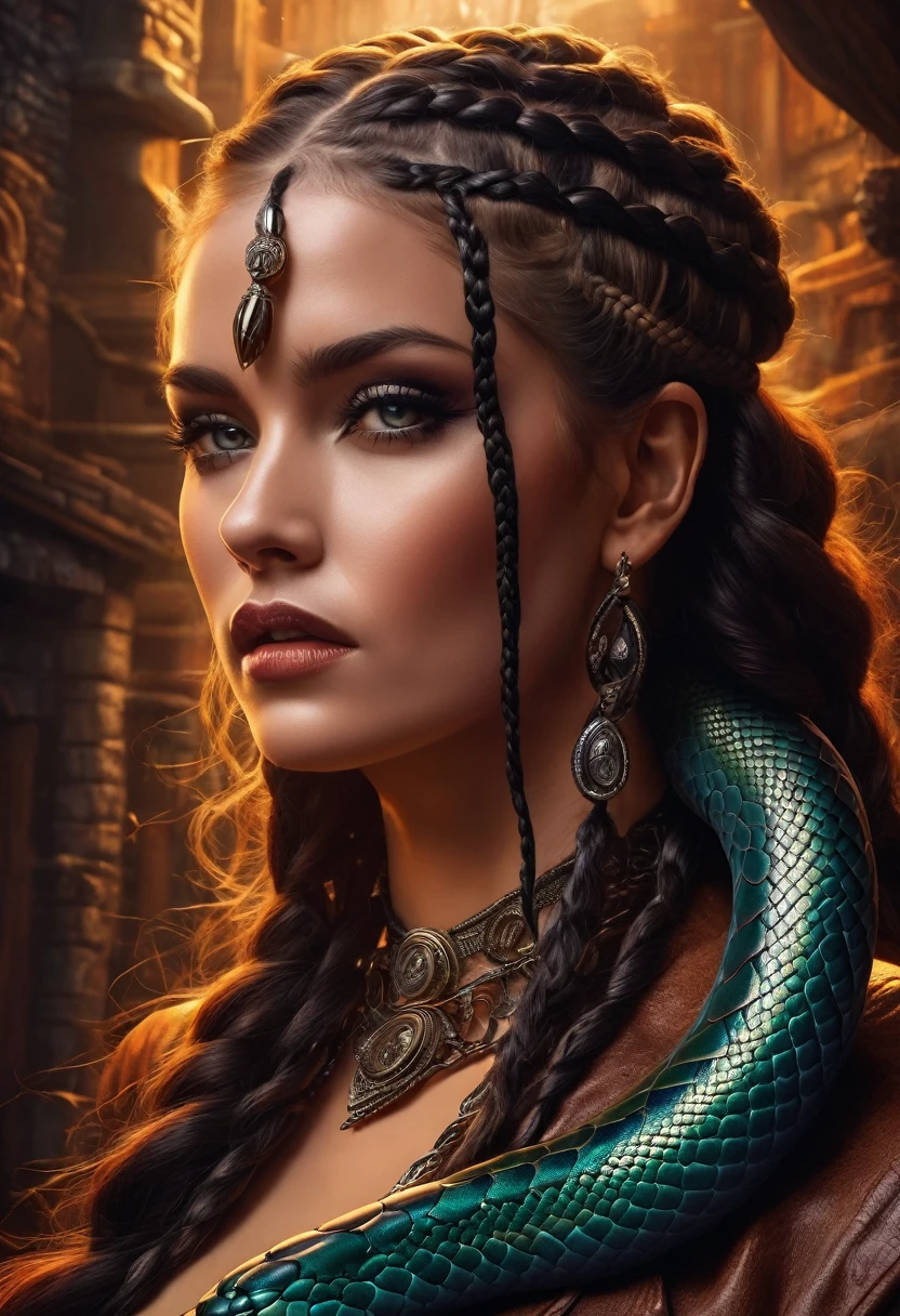 dark fantasy art a woman having (braids thar become living snakes: 1.5) a most beautiful woman, reptilian eyes, pale skin, having twin snake braids, ((only two braids made from living snakes: 1.3)) each braid a snake coming out the woman's head, living snake, hissing snake,  on the woman's  head, she wears intricate leather dress, dynamic color dress,  thigh high heeled boots, modern bar background,  dynamic range, vibrant, Ultra-high resolution, High Contrast, (masterpiece:1.5), highest quality, Best aesthetics), best details, best quality, highres, ultra wide angle, 16k, [ultra detailed], masterpiece, best quality, (extremely detailed), snake hair
