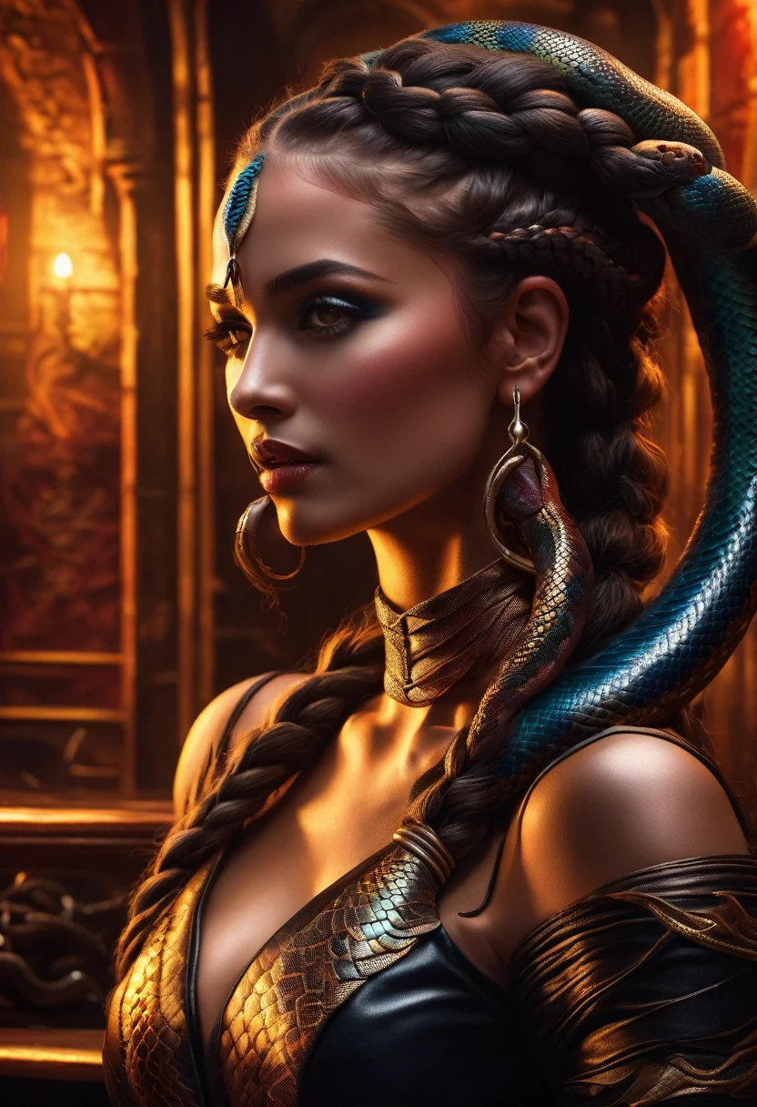 dark fantasy art a woman having (braids thar become living snakes: 1.5) a most beautiful woman, reptilian eyes, pale skin, having twin snake braids, ((only two braids made from living snakes: 1.3)) each braid a snake coming out the woman's head, living snake, hissing snake,  on the woman's  head, she wears intricate leather dress, dynamic color dress,  thigh high heeled boots, modern bar background,  dynamic range, vibrant, Ultra-high resolution, High Contrast, (masterpiece:1.5), highest quality, Best aesthetics), best details, best quality, highres, ultra wide angle, 16k, [ultra detailed], masterpiece, best quality, (extremely detailed), snake hair