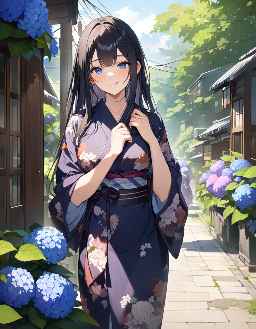 (Highest qualityのイラスト:1.2), (Black Hairの美少女:1.1), (1 girl、17 years old、Highest qualityのイラスト:1.2), (1 girl、Kind eyes、blue eyes:1.2)、((Black Hair:1.2))、Semi-long hair、(Highest quality、Very detailed、cute、Ultra-high resolution) 、Larger breasts、Yukata、smile、Old street corner in Japan、morning、Hydrangeas are blooming on the roadside