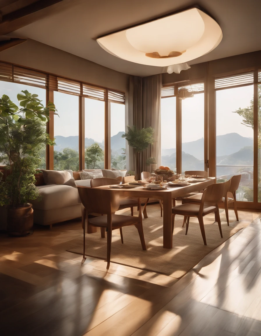 rich food. multi food. royal. rich, food. panoramic windows. bright. daylight. sun rays. happy home. happy color. delicious home. interior design. modern japanese mix europe style interior happy. bright color happy. ultra detail. realistic. dreamy. high resolution. fresh happy. Interior design、detailed wide-angle building photos、cozy contemporary living room、award-winning contemporary interior design、Landscapes、a chair、in a house、wooden floor、window、dining room、east asian architecture、Sliding paper doors、buliding、the woods、natural、Cups、A plant、Interior design、depth of fields. royal rich living room. dining. huge floor huge ceiling, perfect cozy room. aesthetic background. perfect anime room. korean food. ((Masterpiece,best quality,8k uhd,dslr,soft lighting,high quality,hyper detail,film grain, Fujifilm XT3, UE 5 render 8k, super high resolution, supper detail:1.2,droste effect photography, macro photography, cinematic lighting, interior design, glossy flooR)), livingroom. reflect. sunlight soft. bring life. perfect life. happy food