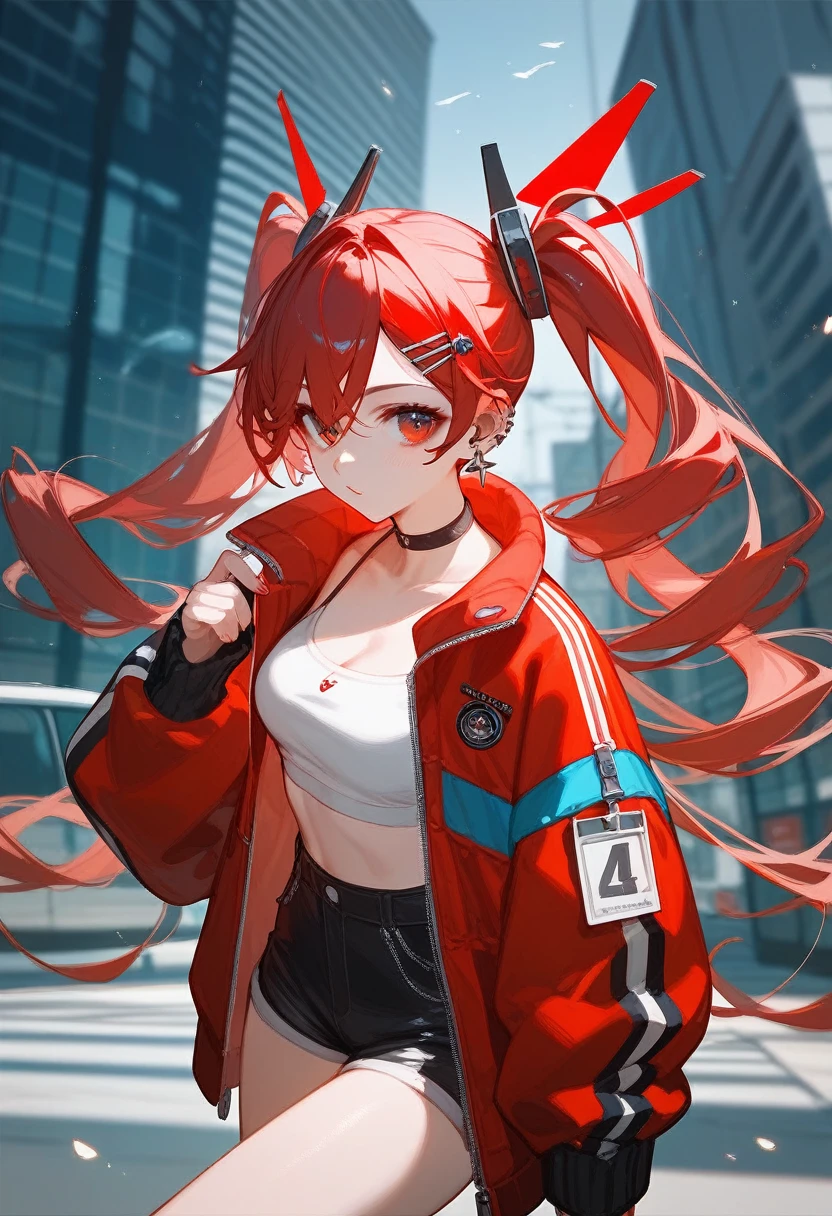Red Hair、curled twin tails、、girl、cyber punk、building、helicopter、Strong contrast