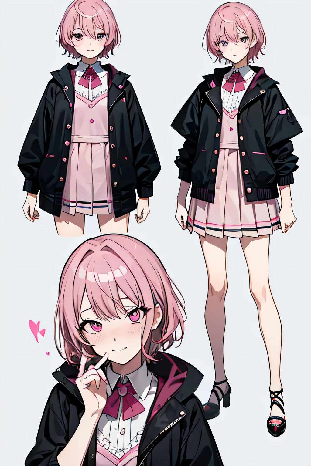 masterpiece, best quality, very aesthetic, absurdres, newest, intricate, pink hair, heart-shaped pupils, detailed eyes, yandere, mind break, hand on own face, full body, pink hair, glowing eyes, small eyes, cute & girly (idolmaster), (idolmaster),cute clothes, pink clothers, yandere, cartoon woman, 1girl, solo, looking at viewer, simple background, creepy eyes, woman, adult, embarrassed, false smile, evil smile, ,(CHARACTERSHEET:1) (MULTIPLE VIEWS FULL BODY UPPER BODY REFERENCE SHEET:1),manhwa style, fake smile