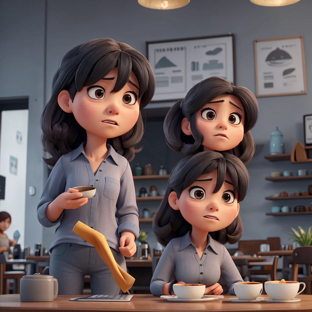 a woman with a disgusted expression, ojos cerrados apretados, boca medio abierta sacando la lengua, after drinking a bitter and black coffee, wearing a long-sleeved gray shirt and blue pants, in the background of a cafe