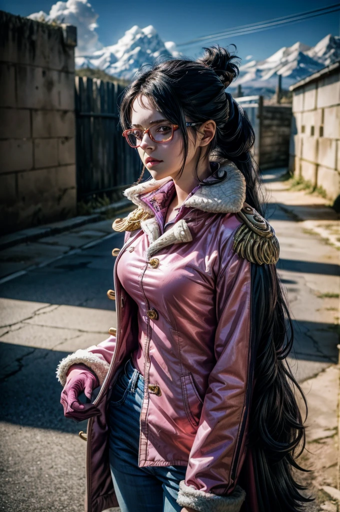 1 girl, Tashigi, age 15, pale skin, perfect eyes, black eyes, glasses, black hair, folded ponytail, pink coat, epaulettes, pink gloves, blue pants ((RAW photo, masterpiece, high details, highres, absurdres, 8k, best quality, UHD, realistic)), sunlight, shadow details, cloudy day, fortress