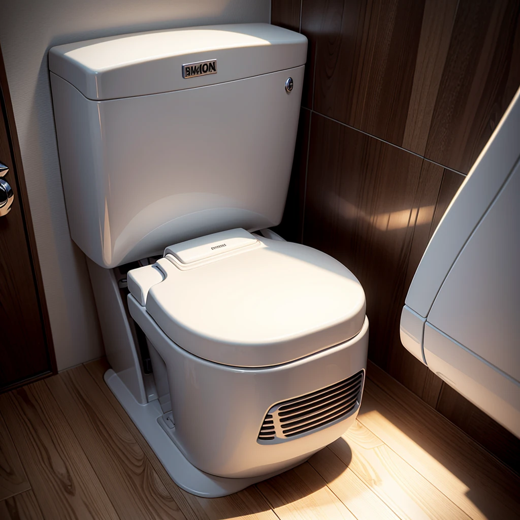 Toilet, made in automotive style. Детали Toiletа напоминают элементы автомобиля: front part of a sedan with headlights, radiator grille and wheels. Центральным элементом является узнаваемая эмблема на бачке Toiletа. The toilet is made in chromed dark brown color, which emphasizes its resemblance to a car. Рядом с ним находится Toilet в стильном корпусе. Wall mounted toilet paper holder, showing a roll of paper. The whole composition creates the impression of an expensive and exclusive design, High Quality, increased detail of elements, small and large parts, high-quality drawing, realism
