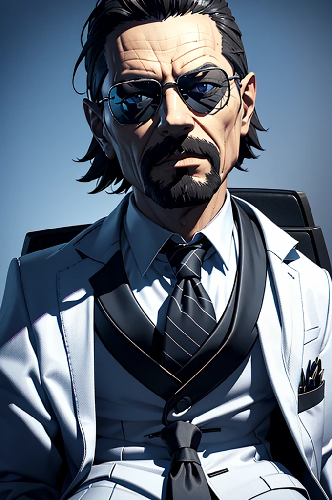 there is a man with a tie and sunglasses on a chair, roblox avatar, Walter White no Roblox, half body head shot, by :5 sexy: 7, unknown artstyle, faceless distorted god, fvckrender, upper body avatar, untextured, ( ( ( ( 3D rendering ) ) ) ), desaturated!!, tyler jacobson style