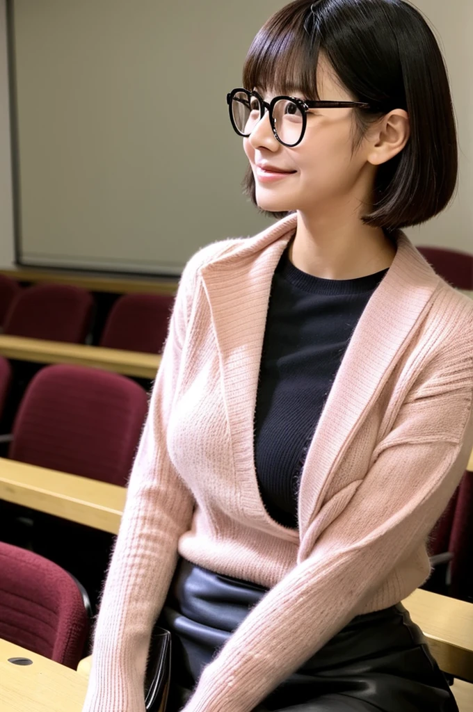 University lecture hall, university psychology associate professor, ((full body)), ((photo)), ((best qualtiy, 8K, tmasterpiece:1.3)), Focus:1.2, perfect figure beautiful woman:1.4, 1woman, cowboy shot, look at viewer, eyes facing the camera, incredibly absurd, beautiful and cute woman with a photorealistic face, showcasing top-quality craftsmanship, A Japanese woman giving a lecture at a university lecture hall, 27 years old, with a bob cut and flipped hair, short bangs swept at an angle, smooth and shiny hair, natural hairline, fair and smooth skin, plump and healthy cheeks, large, jet black eyes, round eyes, long and upward-facing eyelashes, double eyelids, thin and straight eyebrows, small and round nose, plump lips, upturned corners of the mouth, charming smile, cute face, glamorous, well-balanced proportions, tall, beautiful D-cup breasts, silver-rimmed glasses, pink blouse, black tight skirt, fashion with a waist-marked silhouette, scarf, heeled shoes, vanilla perfume, beautiful, pretty older woman, glasses suit her, knowledgeable, playful, curious, intelligent, elegant, November