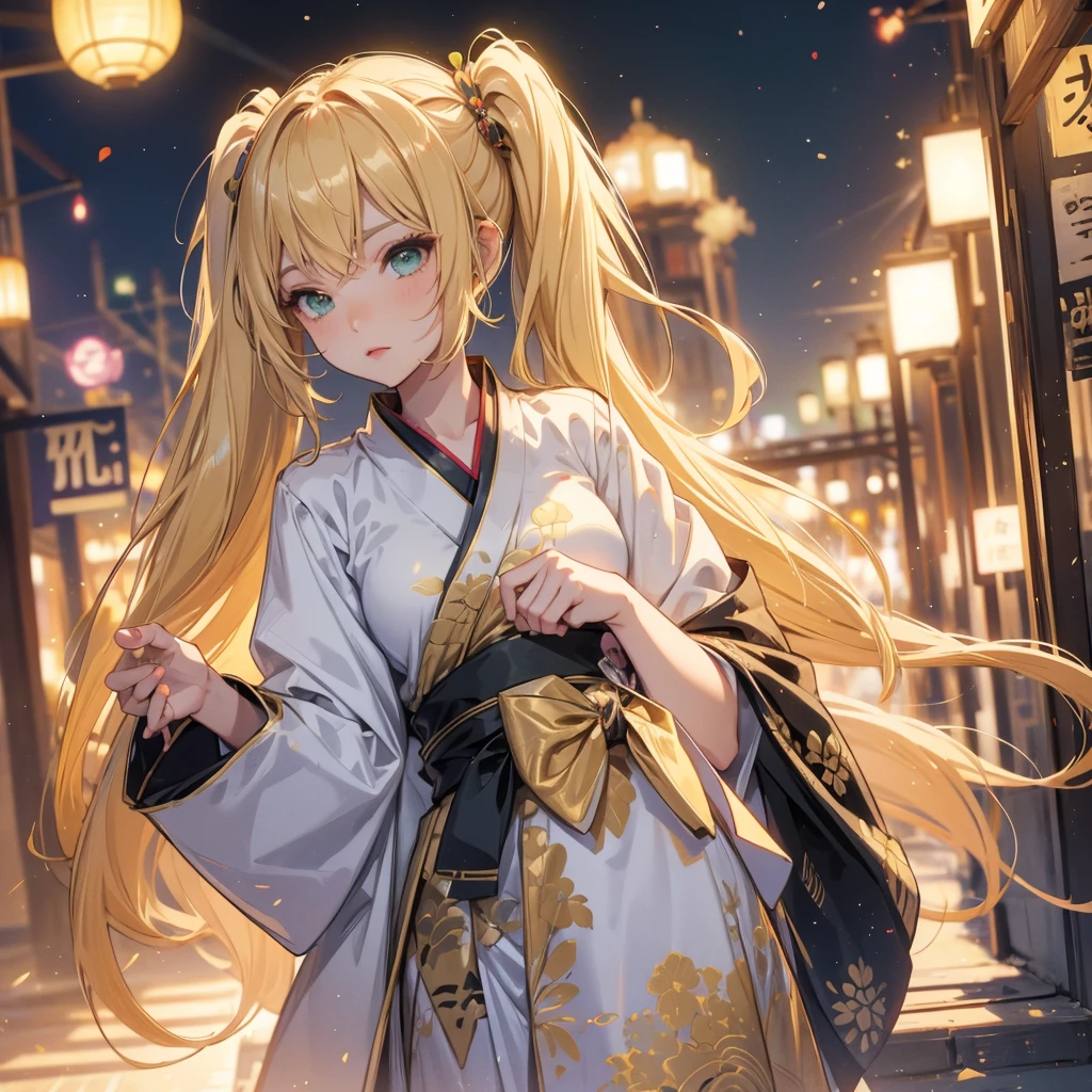 Layla , kimono night in firework , blonde hair, pigtailed haired , long hair , green eyes