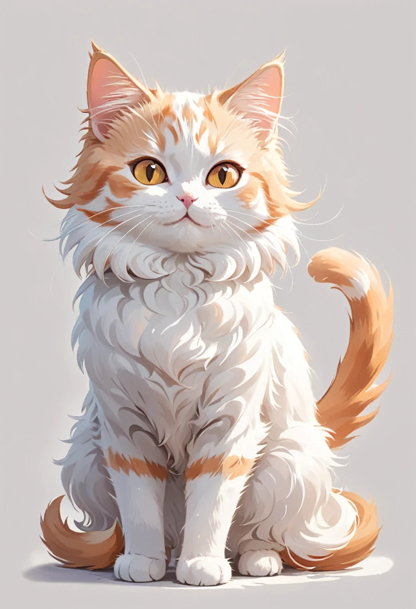 In the style of TOK, highest quality, cute cat, cartoon cat, Munchkin cat, sticker, white and orange cat, looking at the viewer, smiling, simple background