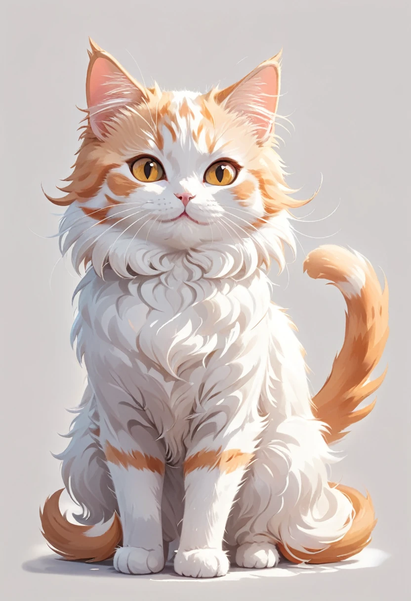 In the style of TOK, highest quality, cute cat, cartoon cat, Munchkin cat, sticker, white and orange cat, looking at the viewer, smiling, simple background