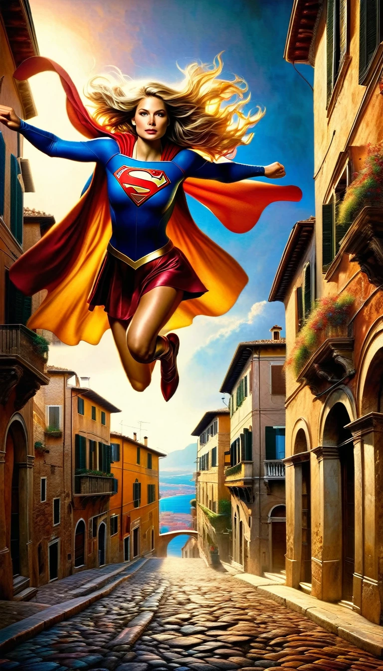 supergirl character, flying over a nice Italian city, oil painting, ultra-detailed, cinematic composition, dramatic lighting, warm color palette, chiaroscuro, detailed architecture, cobblestone streets, ancient buildings, Renaissance style, dramatic poses, flowing hair, determined expression, powerful energy, realistic textures, vivid colors, high contrast, photorealism, masterpiece, (best quality,8k,highres,masterpiece:1.2),realistic,photo-realistic:1.37