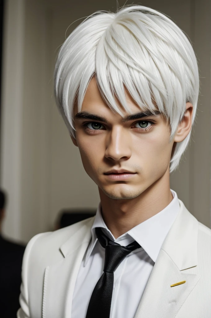 Chico anime de pelo White, White, with yellow eyes and black pupils, with black suit